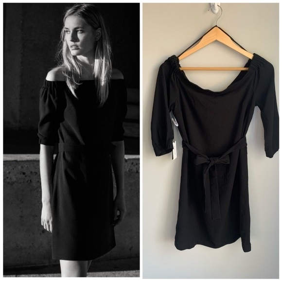 Aritzia Babaton Brightwell Dress Black Off the Shoulder Pockets Mini Sz M - Picture 1 of 14
